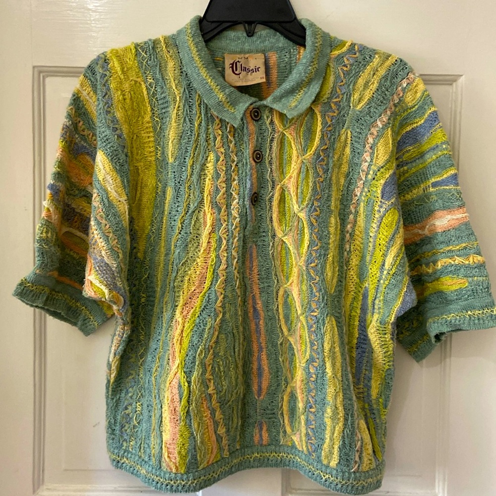 Vintage COOGI Classic Pastel Knit Short Sleeve Linen Blend Polo Sweater